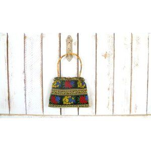 Vintage black colorful embroidered floral tapestry handbag/red/yellow/blue